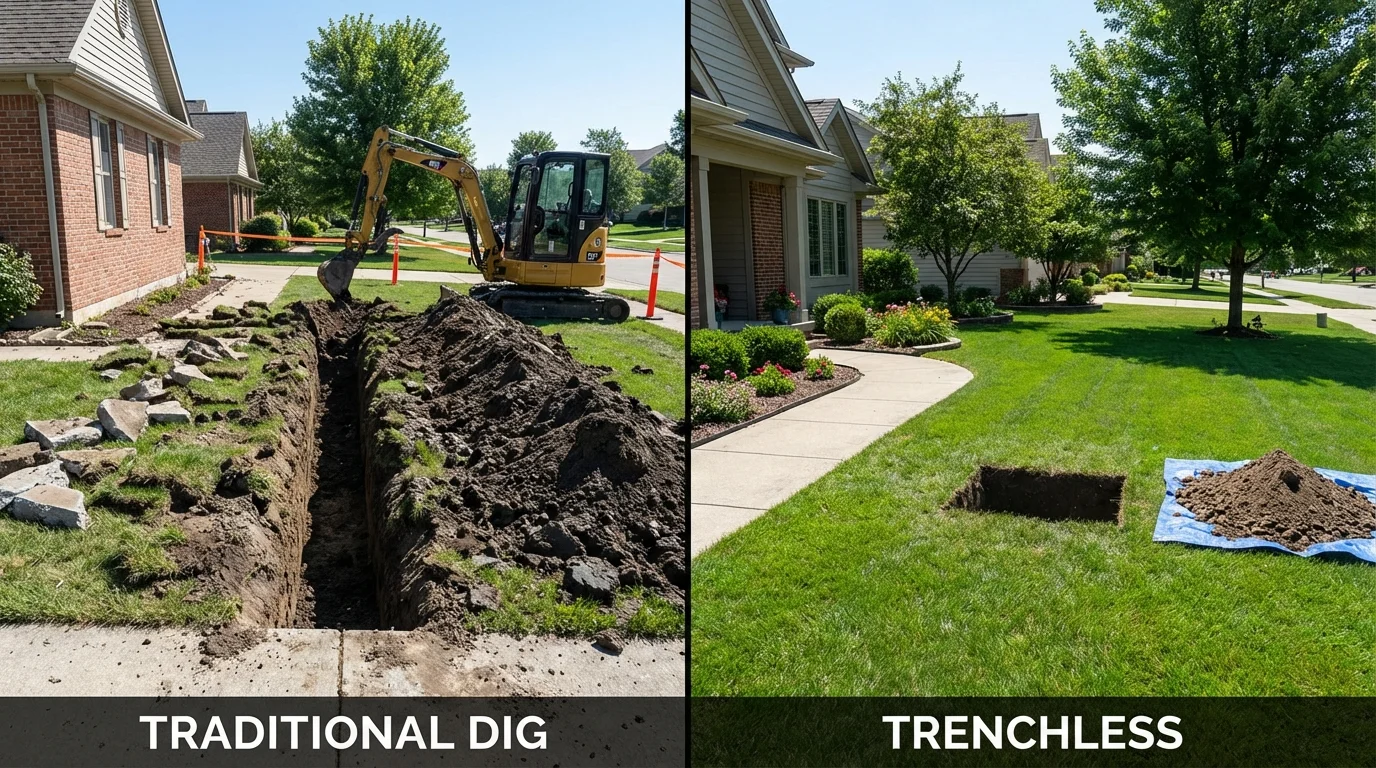 Trenchless sewer repair with minimal yard damage versus traditional excavation in Lafayette, IN
